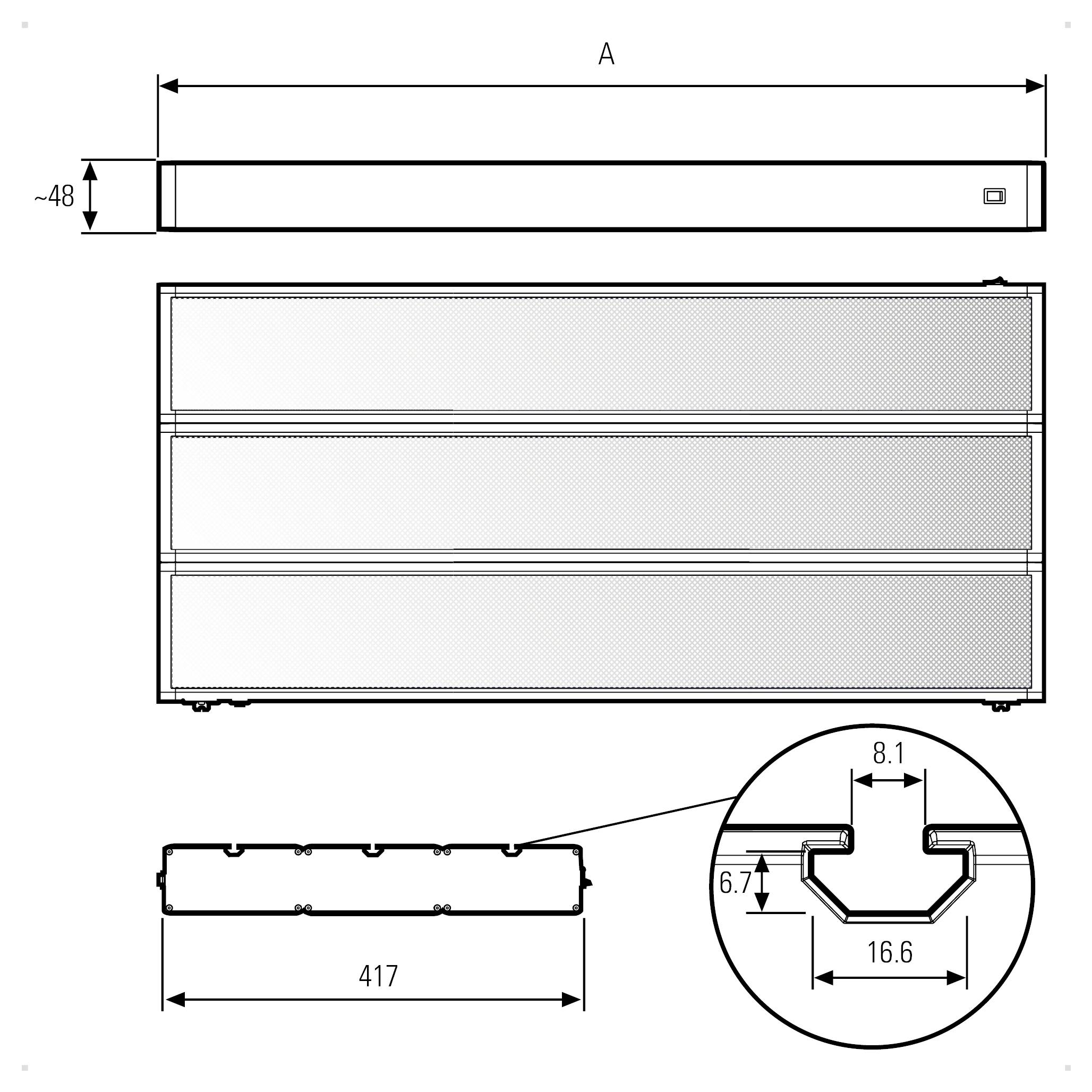 Technische Zeichnung eines rechteckigen mechanischen Bauteils mit Abmessungen.