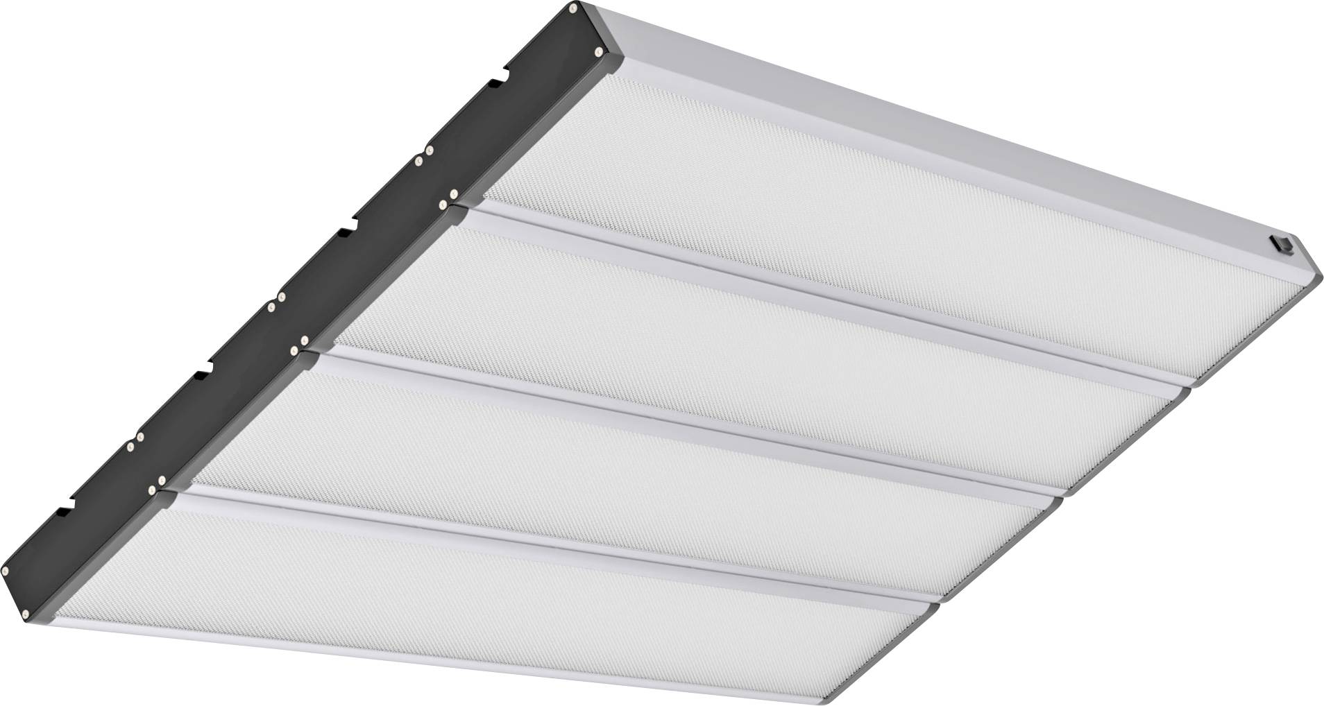 Rechteckiges LED-Leuchtengehäuse mit vier Paneelen, konzipiert für die Deckenmontage.