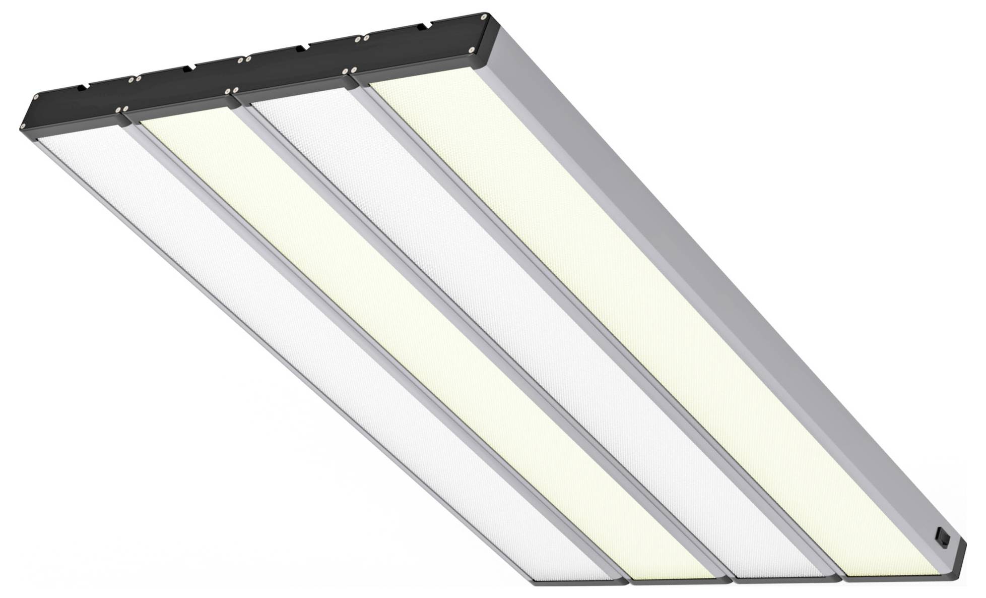 Ein rechteckiges LED-Lichtpanel mit vier langen, beleuchteten Streifen, die in Metall gefasst sind, verwendet für die Innenbeleuchtung.
