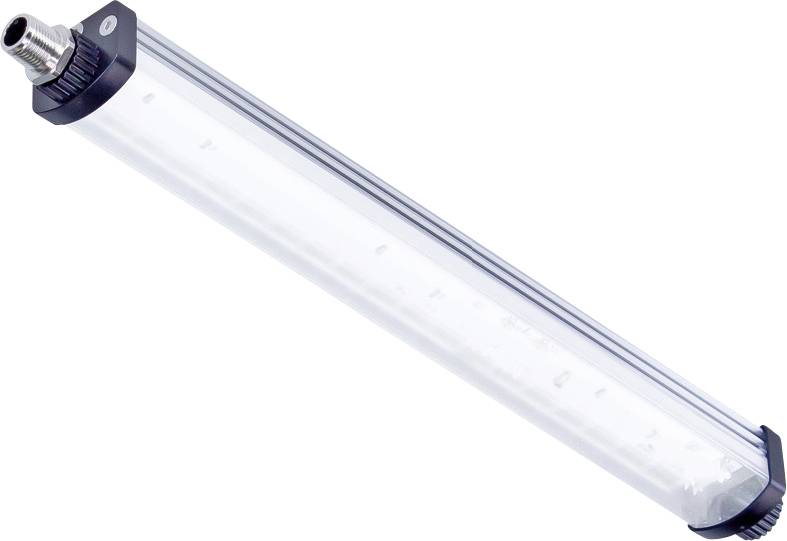 Ein langes, zylindrisches LED-Röhrenlicht mit metallischem Ende und transparentem Gehäuse, entwickelt für Industrie- oder Werkstattbeleuchtungsanwendungen.
