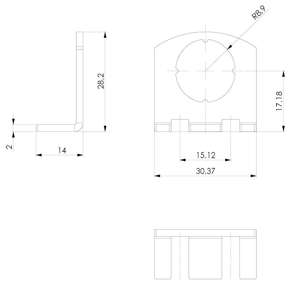 Technische Zeichnung einer Metallhalterung, mit Seiten-, Vorder- und Draufsicht sowie Abmessungen: 28,2 mm Höhe, 14 mm Breite, 30,37 mm Tiefe.
