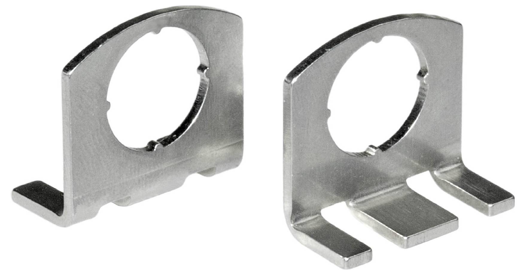 Zwei silberne Metallhalterungen mit kreisförmigen Ausschnitten und Befestigungslaschen, entwickelt zum sicheren Fixieren runder Objekte.
