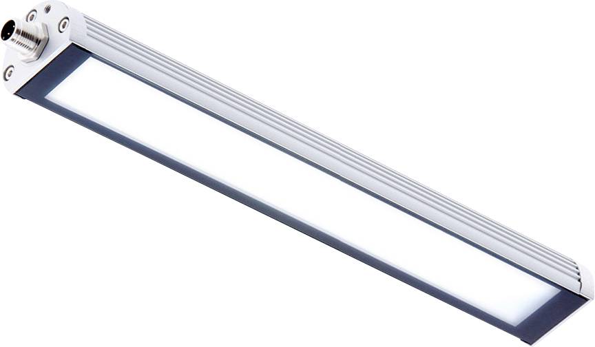 Eine längliche, rechteckige industrielle LED-Leuchte mit metallischem Rahmen und Montageklammer. Sie verfügt über einen Steckverbinder an einem Ende.