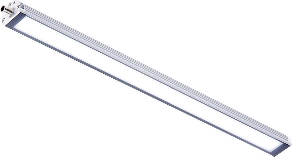 Ein schlankes, rechteckiges LED-Deckenleuchten-Gehäuse mit weißem Diffusor und metallischen Kanten im Winkel.