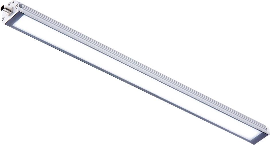 Eine lange, rechteckige LED-Leuchte mit elegantem, modernem Design, geeignet für Büro- oder Heimgebrauch, die helles weißes Licht ausstrahlt.