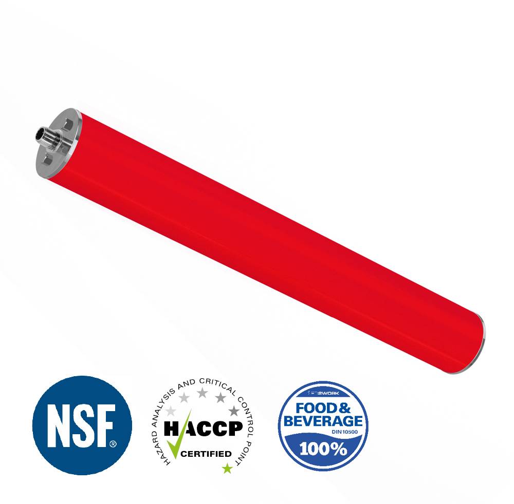 Rote Walzenbürste für HACCP-zertifizierte Reinigung mit NSF- und Food & Beverage-Zertifizierungen wie nachfolgend dargestellt.