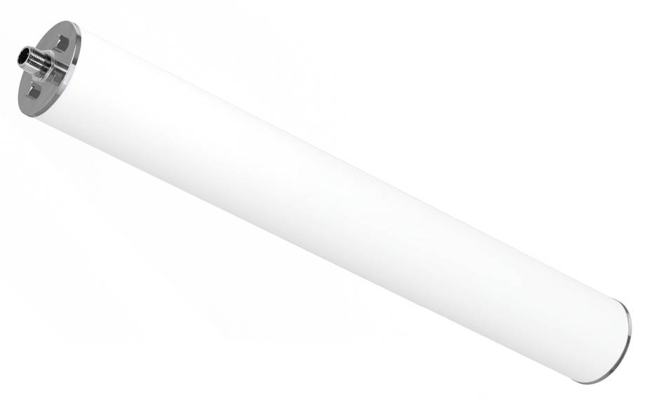 Eine weiße zylindrische LED-Röhrenleuchte mit metallischen Enden vor einem einfachen Hintergrund.