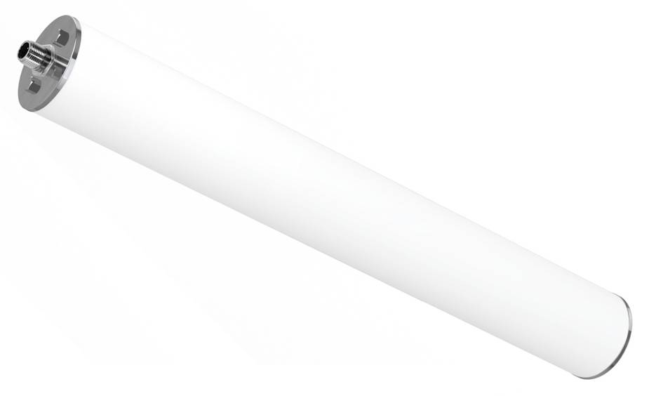 Ein weißes zylindrisches Objekt mit metallischen Enden, wahrscheinlich ein Bauteil oder Geräteteil, diagonal gegen einen einfachen Hintergrund positioniert.