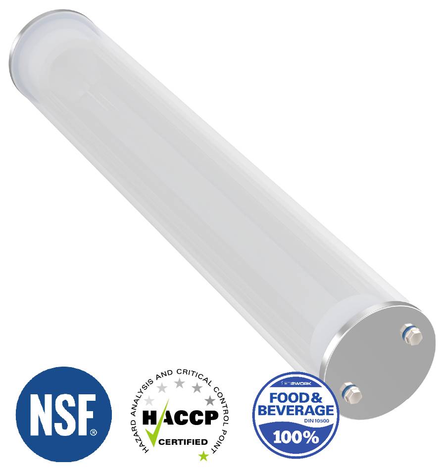 Ein transparentes zylindrisches Objekt mit Metallenden, begleitet von Zertifizierungslogos: NSF, HACCP zertifiziert und ISO 100% Lebensmittel & Getränke.