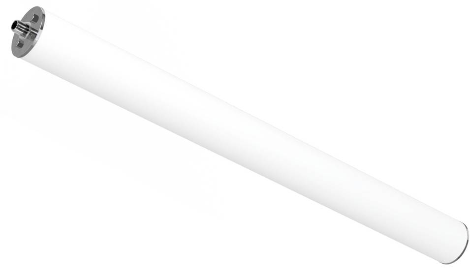 Eine weiße zylindrische Antenne mit einer Metallbefestigungsbasis an einem Ende, typischerweise für drahtlose Kommunikationsanwendungen verwendet.