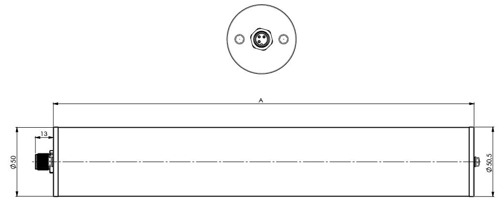 Technische Strichzeichnung eines zylindrischen Objekts mit Abmessungen. Die Ansicht umfasst eine Vorder- und Draufsicht, die Durchmesser und Länge zeigen.