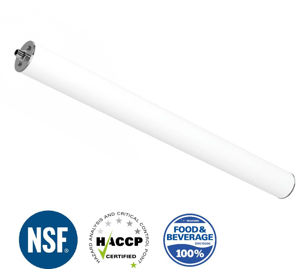 Eine weiße UV-Desinfektionslampe mit NSF- und HACCP-Zertifizierungen, geeignet für Lebensmittel- und Getränkeverwendung nach 100% Sicherheitsstandard.