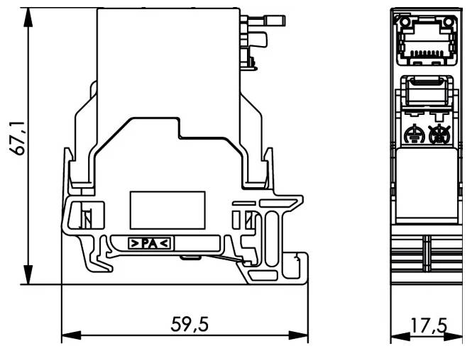 Technische Zeichnung einer elektrischen Komponente, die Vorder- und seitliche Querschnitte mit Abmessungen von 67,1, 59,5 und 17,5 mm zeigt.