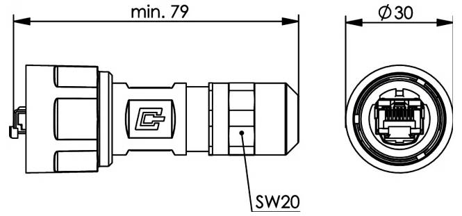 Technische Zeichnung eines Kabelsteckers mit Stecker und Gehäuse, das wichtige Abmessungen zeigt, einschließlich Länge L, maximaler Durchmesser 6,3 und Maße 11,6, 7,9, 25,7, 12,9 und 15.