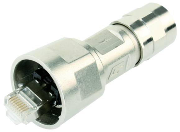 Technische Linienzeichnung eines RJ45-Steckers mit Seiten- und Frontansicht und Abmessungen in Millimetern: 44,1 lang, 23,1 hoch, 14,8 breit, sowie kleinere Detailmessungen.