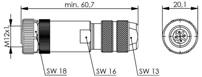 Technische Strichzeichnung eines zylindrischen Steckers mit bezeichneten Abmessungen min. 60,7, 20,1, M12x1 und Schlüsselweiten SW 18, SW 16, SW 13, sowie Vorder- und Seitenansichten.