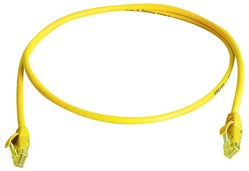 Gelbes Ethernet-Patchkabel mit RJ45-Steckern an beiden Enden, gegen einen weißen Hintergrund gelegt.