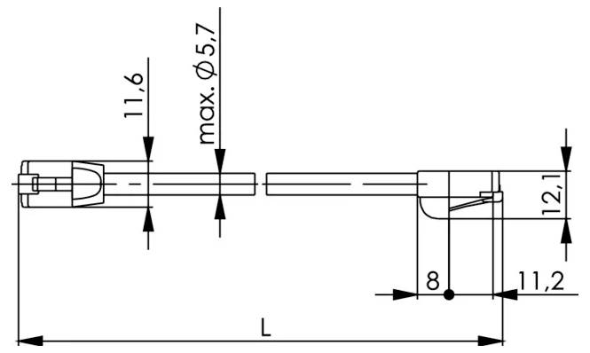 Technische Strichzeichnung eines Steckers mit Maßangaben, die Länge L, max. Ø5,7, 11,6, 12,1, 11,2 und 8 Messungen zeigen.
