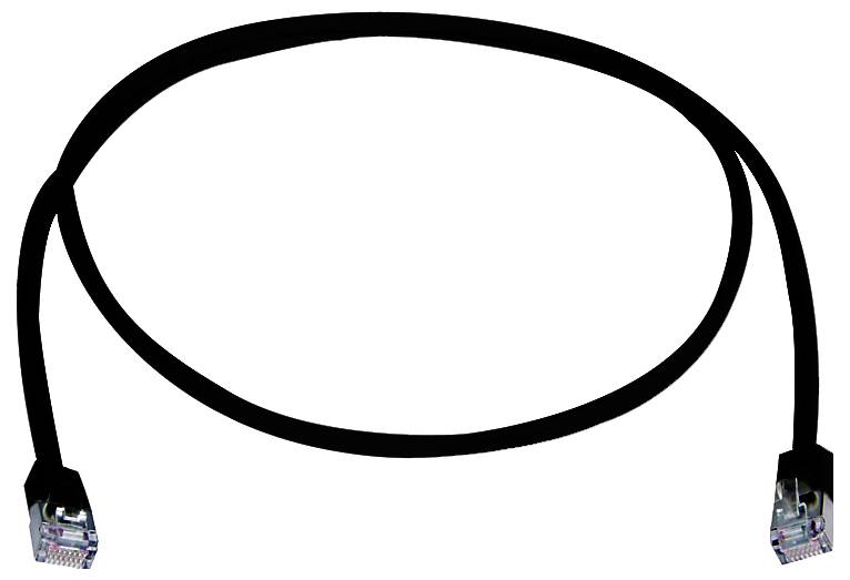 Kurzes schwarzes Netzwerkkabel mit RJ45-Anschlüssen an beiden Enden, in einer U-Form gebogen.