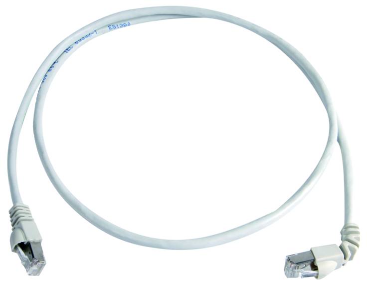 Ethernet network cable with RJ45 connectors on both ends, coiled against a white background.