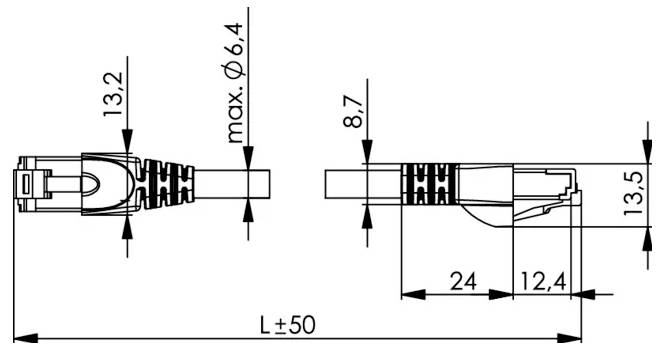Technische Zeichnung eines Steckverbinders mit Vorder- und Seitenansicht mit Abmessungen, einschließlich L±50 Gesamtlänge, max Ø6,4 und Abmessungen 13,2, 8,7, 13,5, 24 und 12,4.