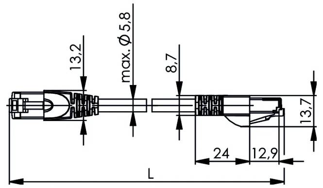 Technische Zeichnung eines zylindrischen Steckers/Kabels mit beschrifteten Abmessungen, einschließlich max. Ø5,8, 13,2, 8,7, 13,7, 24, 12,9 und Gesamtlänge L.