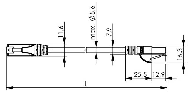 Technical line drawing of a cable assembly with connectors, showing overall length L and key dimensions: 11.6, max. Ø5.6, 7.9, 25.5, 12.9, and 16.3.