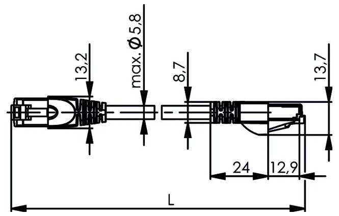 Technische Maßzeichnung eines Kabelsteckers mit Längen L und Schlüsselmessungen einschließlich max Ø5,8, 13,2, 8,7, 13,7, 24 und 12,9 mm.