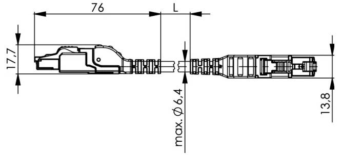 Technische Strichzeichnung eines Kabelsteckers, Seitenansicht mit Abmessungen 76, 17,7, 13,8 und max. Ø6,4 sowie Länge L.
