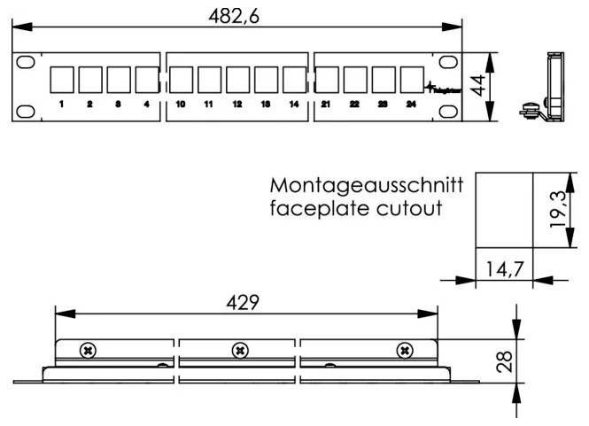 Technische Zeichnung einer modularen Frontplatte mit den Abmessungen 482,6 mm x 44 mm, Länge 429 mm und Frontplattenausschnitt 14,7 x 19,3 mm.
