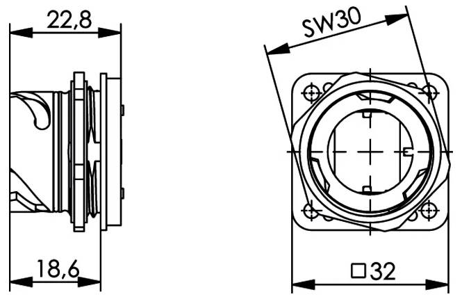 Technische Zeichnung eines kreisförmigen mechanischen Teils, dargestellt in Seiten- und Vorderansicht, mit den Abmessungen 22,8, 18,6, SW30 und Quadrat 32