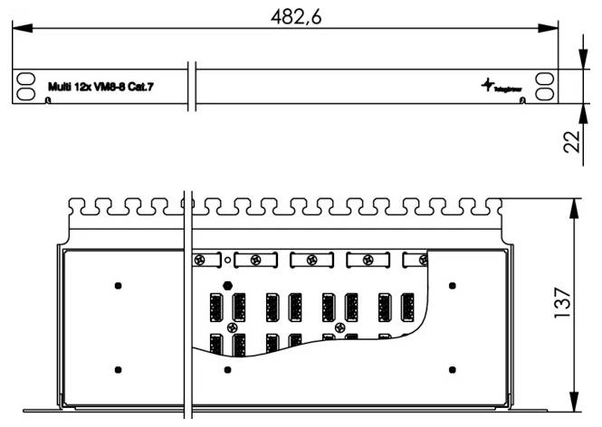 Technische Zeichnung einer rechteckigen Metallkomponente mit der Bezeichnung 'Multi 12x VM-8 Kat.7' mit einem Anschlussfeld und den Abmessungen 482,6, 22 und 137 mm.