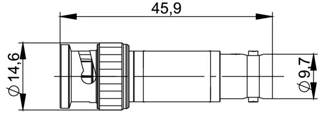 Technische Linienzeichnung eines zylindrischen Maschinenteils mit Bemaßungspfeilen, die eine Länge von 45,9, einen Durchmesser von 14,6 auf der linken Seite und einen Durchmesser von 9,7 auf der rechten Seite zeigen.