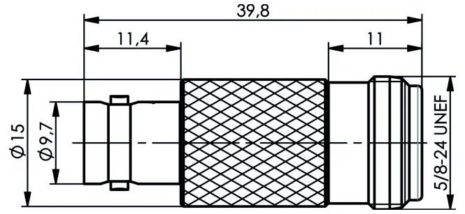 Technische Zeichnung einer zylindrischen Armatur oder eines Verbinders mit gerilltem Mittelteil, beschriftete Abmessungen 39,8, 11,4, 11, 15, Ø15, Ø9,7 und 5/8-24 UNEF.