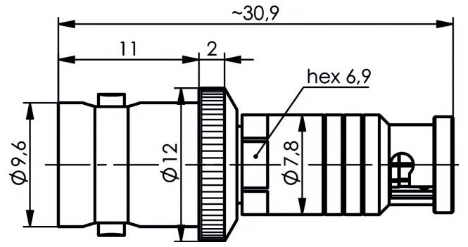 Technische Zeichnung eines Steckerverbinders mit Vorder- und Seitenansicht mit gekennzeichneten Schlüsseldimensionen, einschließlich Länge L+50, max. Ø6,4, 24, 12,4, 13,2, 8,7 und 3,5.
