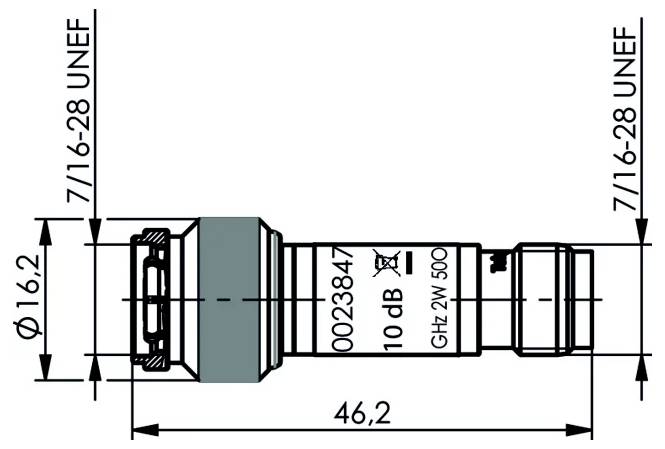 Technische Zeichnung eines zylindrischen Steckers mit beschrifteten Abmessungen: 46,2 mm Länge, 16,2 mm Durchmesser und 7/16-28 UNEF-Gewinde.