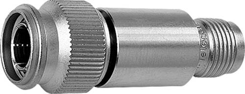 Metallischer koaxialer Stecker-Adapter mit Gewindeende, in Nahaufnahme auf weißem Hintergrund dargestellt.