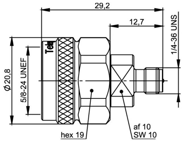 Technische Zeichnung einer Metallfassung mit Abmessungen und Gewinde-Spezifikationen, einschließlich 5/8-24 UNEF und 1/4-36 UNS, mit Sechskant 19 und SW 10 Beschriftungen.