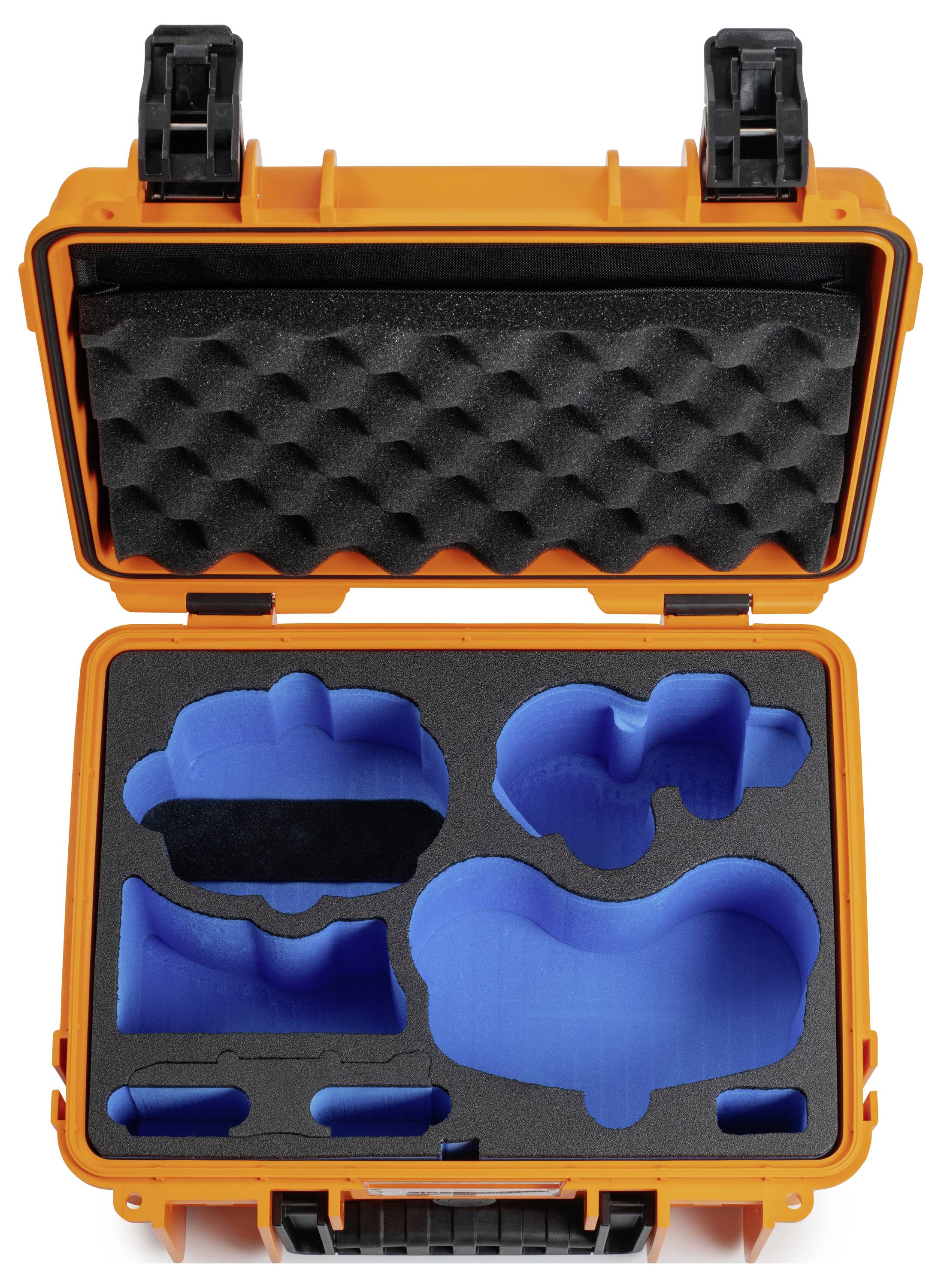 Ein offener orangefarbener Transportkoffer mit schwarzer Schaumstoffpolsterung und blau gefärbten, maßgeschneiderten Schaumstoffeinsätzen, konstruiert um verschiedene Ausrüstungen sicher zu halten.