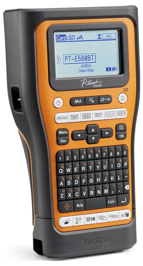 Tragbarer Brother PT-E560BT-Etikettendrucker mit Bildschirm, auf dem „PT-E560BT