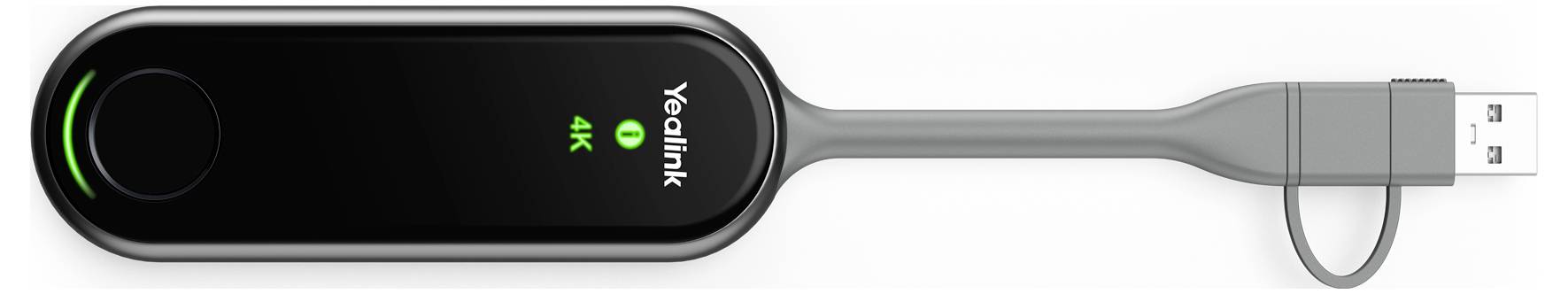 Schwarzes und silbernes Yoviik USB-Fitness-Tracker-Band mit einem leuchtenden grünen Ring auf der Kapsel und einem USB-Stecker am Ende.