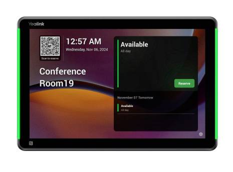Yealink-Raumplanungsanzeige mit Konferenzraum 19, QR-Code für Check-in, Uhrzeit 12:57 Uhr, und aktuellem Status Verfügbar mit einer Schaltfläche Reservieren.