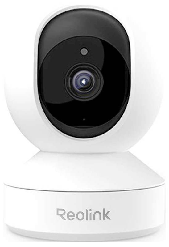 Eine weiße Reolink-Sicherheitskamera mit schwarzem kreisförmigem Objektiv, die für die Hausüberwachung konzipiert ist, wird vor weißem Hintergrund gezeigt.