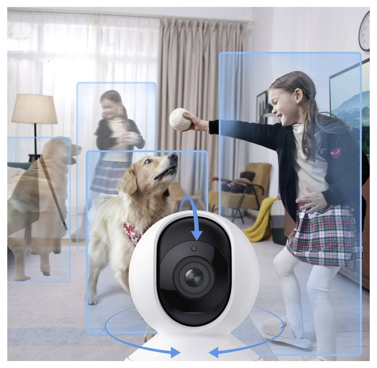 Eine intelligente Haushaltkamera überwacht einen Raum. Ein Mädchen spielt mit einem Golden Retriever und wirft einen Ball. Die Bewegungsverfolgungsfunktion der Kamera wird hervorgehoben.