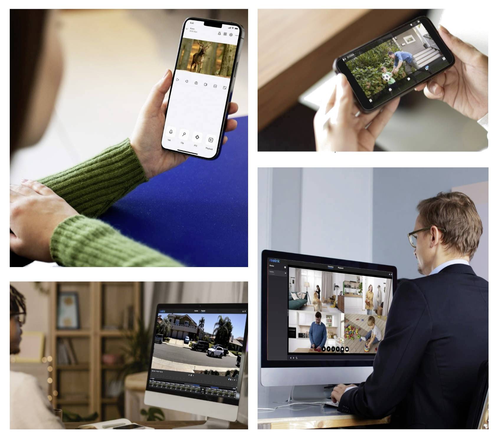 Eine Collage von Menschen, die Sicherheitskamera-Apps auf Smartphones und Computern nutzen und mehrere Videofeeds in verschiedenen Umgebungen überwachen.