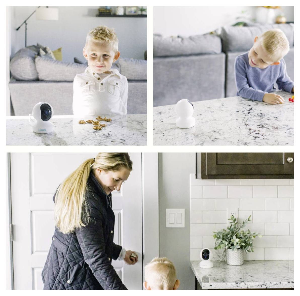 „Zwei Kinder an einer Theke mit einem Babyphone im Vordergrund; eine Frau mit einem Kind, die eine Küche betreten, eine weitere Ansicht des Monitors.