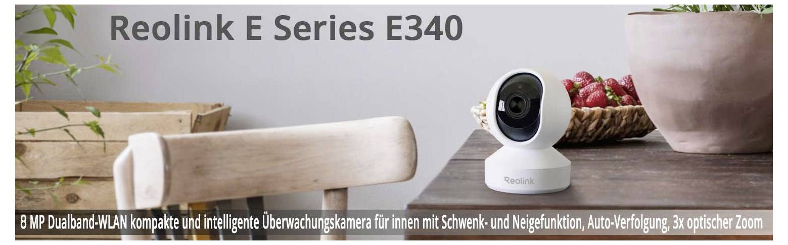 Reolink E Series E340: Kompakte WLAN-Überwachungskamera mit Schwenk- und Neigefunktion, 8 MP, 3x optischer Zoom, auf Tisch platziert.