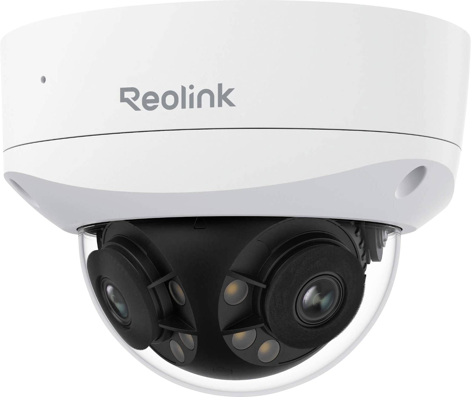 Reolink-Domensicherheitskamera mit elegantem weißem Design und mehreren Linsen in einer transparenten Kuppel für Überwachungszwecke.