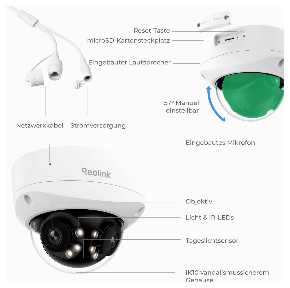 Eine Überwachungskamera von Reolink mit eingebautem Mikrofon, Lautsprecher, Tag- und Nachtsicht, vandalismussicherem Gehäuse und verstellbarem Objektiv.