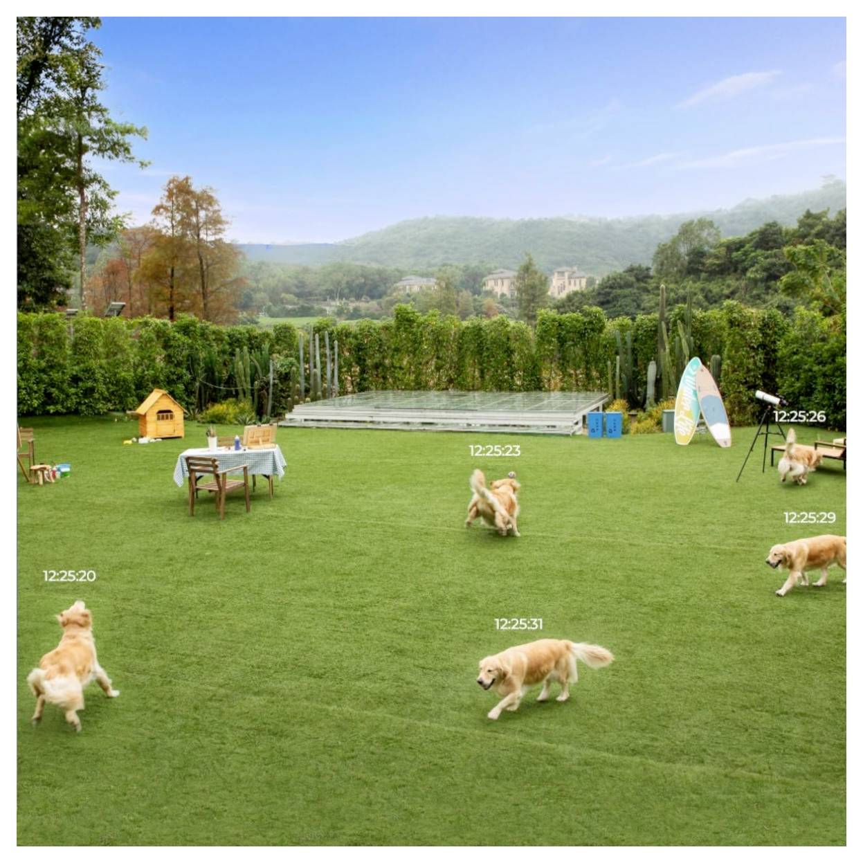 Ein Hinterhof mit sechs Hunden, die auf einem grünen Rasen spielen. Bäume und Hügel sind im Hintergrund zu sehen. Ein Hundehütte und Surfbretter sind auf der rechten Seite sichtbar.